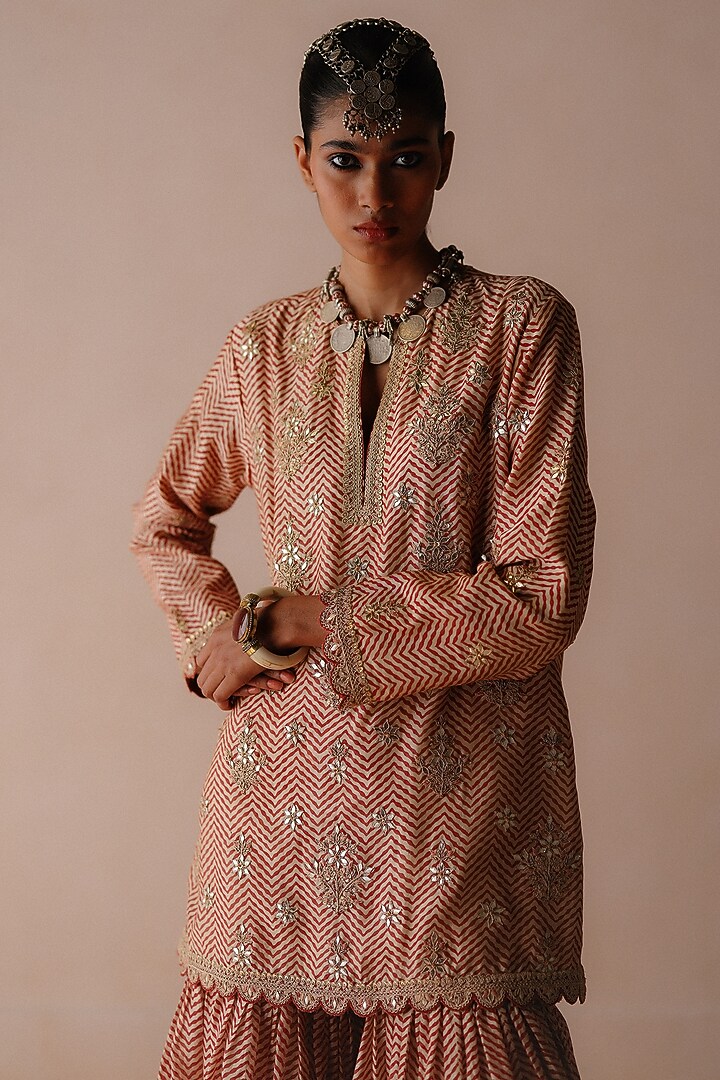 Rust Chanderi Marodi Embroidered Wedding Sharara Set by Avacara at Pernia's Pop Up Shop