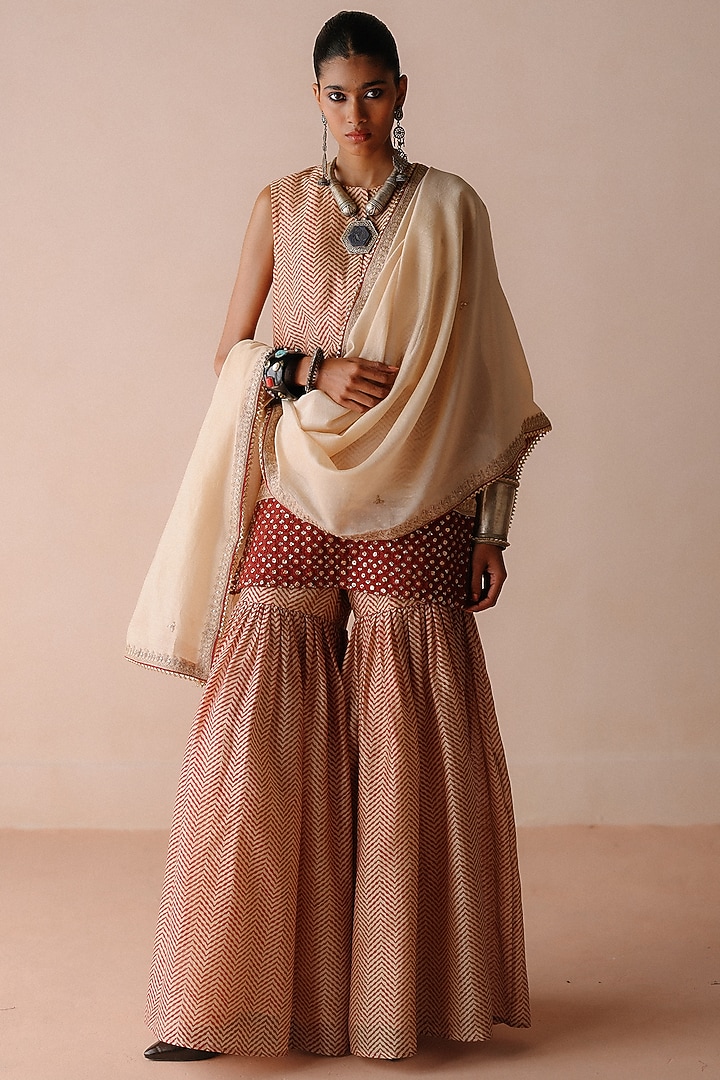 Rust Chanderi Resham Embroidered Wedding Sharara Set by Avacara at Pernia's Pop Up Shop