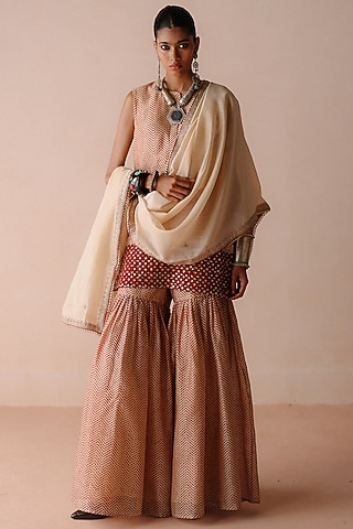 Rust Chanderi Resham Embroidered Sharara Set by Avacara