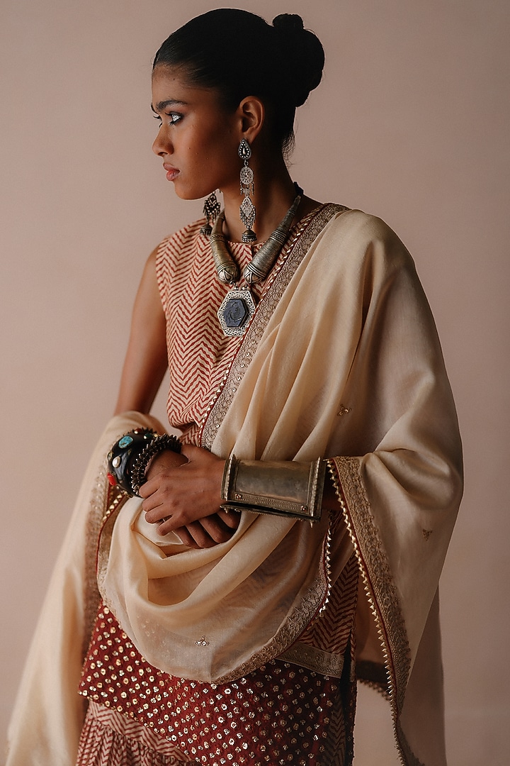 Rust Chanderi Resham Embroidered Wedding Sharara Set by Avacara at Pernia's Pop Up Shop