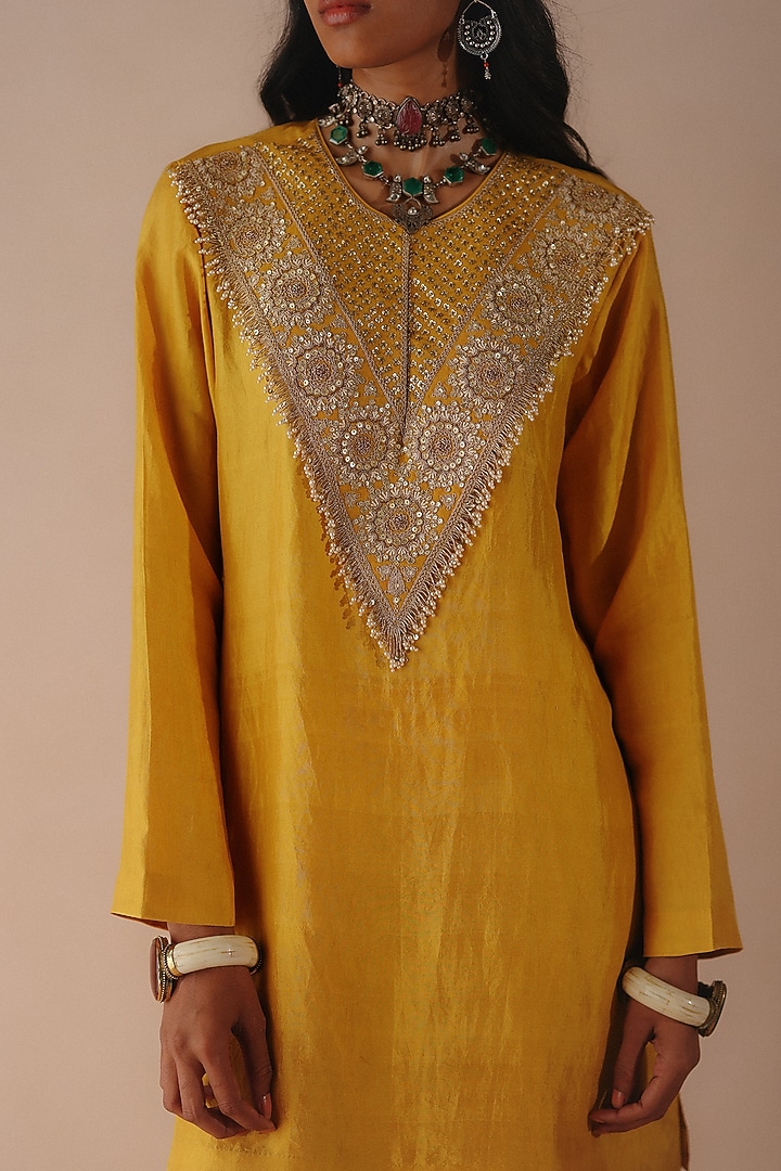 Yellow Silk Dori Embroidered Kurta Set by Avacara at Pernia's Pop Up Shop