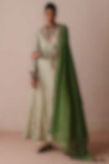 Green Striped Chanderi Gota Embroidered Wedding Anarkali Set by Avacara at Pernia's Pop Up Shop