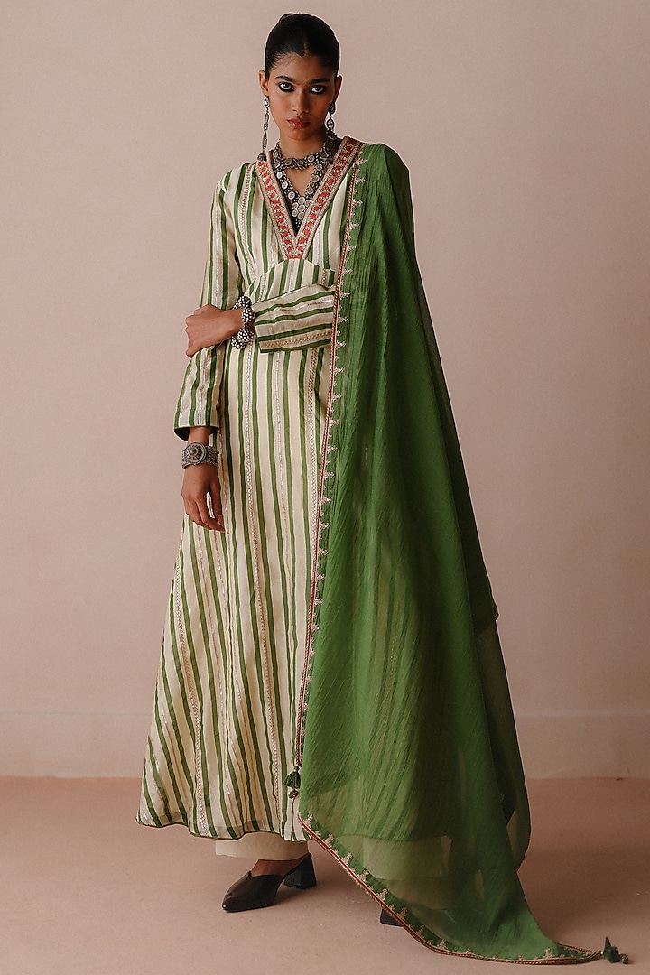 Green Striped Chanderi Gota Embroidered Wedding Anarkali Set by Avacara at Pernia's Pop Up Shop