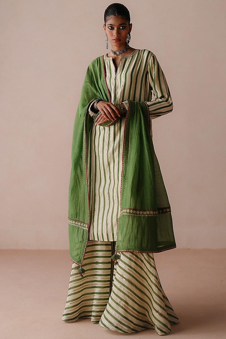 Green Striped Chanderi Gota Embroidered Party Wear Sharara Set by Avacara at Pernia's Pop Up Shop