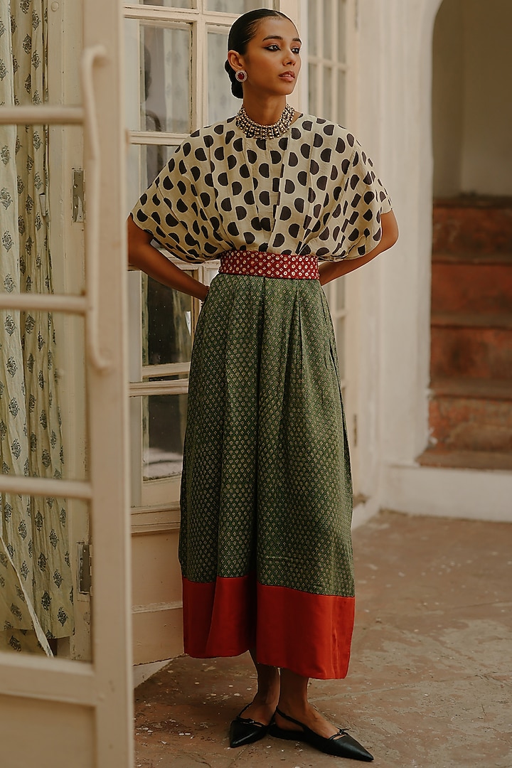 Green Silk Printed Maxi Dress With Belt by Avacara at Pernia's Pop Up Shop