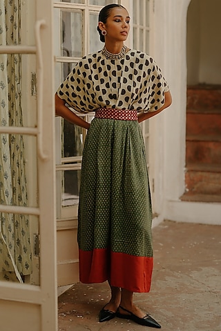 Green Silk Printed Maxi Dress With Belt by Avacara