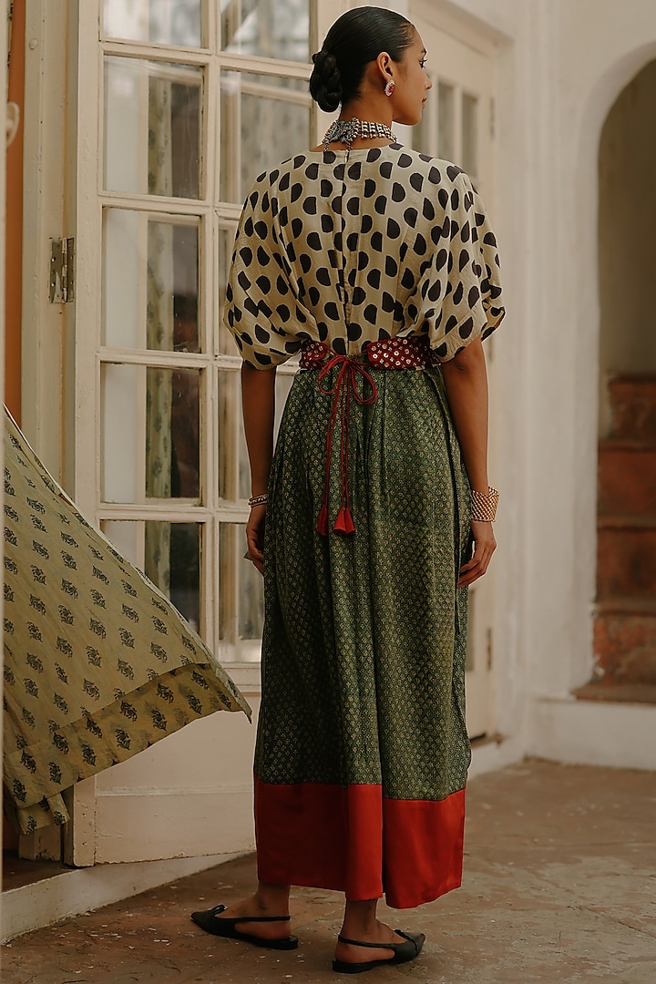 Green Silk Printed Maxi Vacation Dress With Belt by Avacara at Pernia's Pop Up Shop