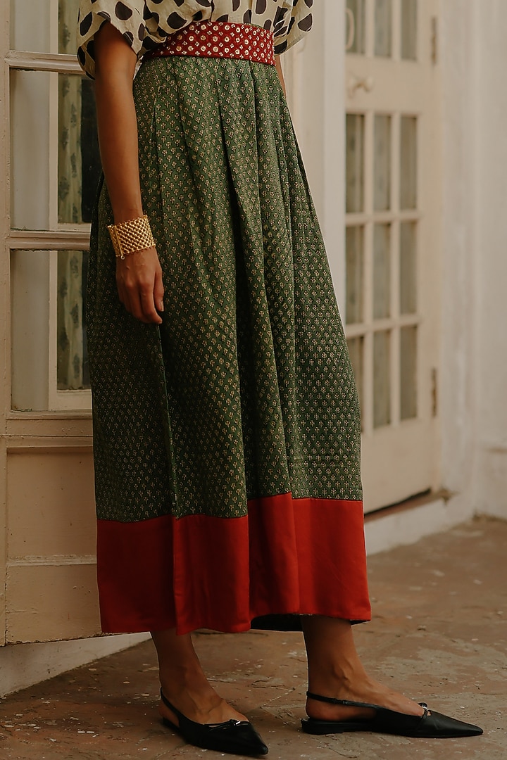 Green Silk Printed Maxi Vacation Dress With Belt by Avacara at Pernia's Pop Up Shop