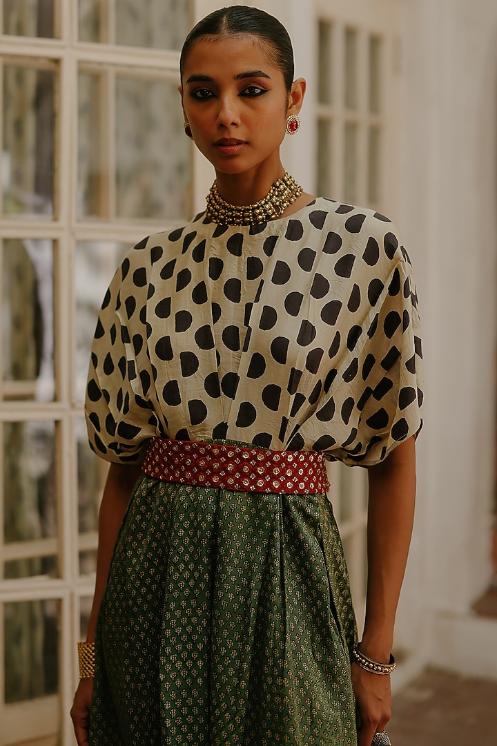 Green Silk Printed Maxi Vacation Dress With Belt by Avacara at Pernia's Pop Up Shop