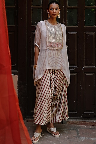 Cream & Red Cotton Satin Silk Gota Hand Embroidered Cape Set by Avacara