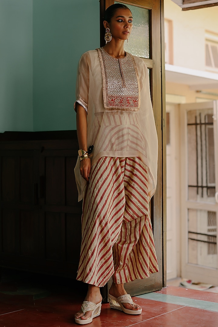 Cream & Red Cotton Satin Silk Gota Hand Embroidered Cape Set by Avacara at Pernia's Pop Up Shop