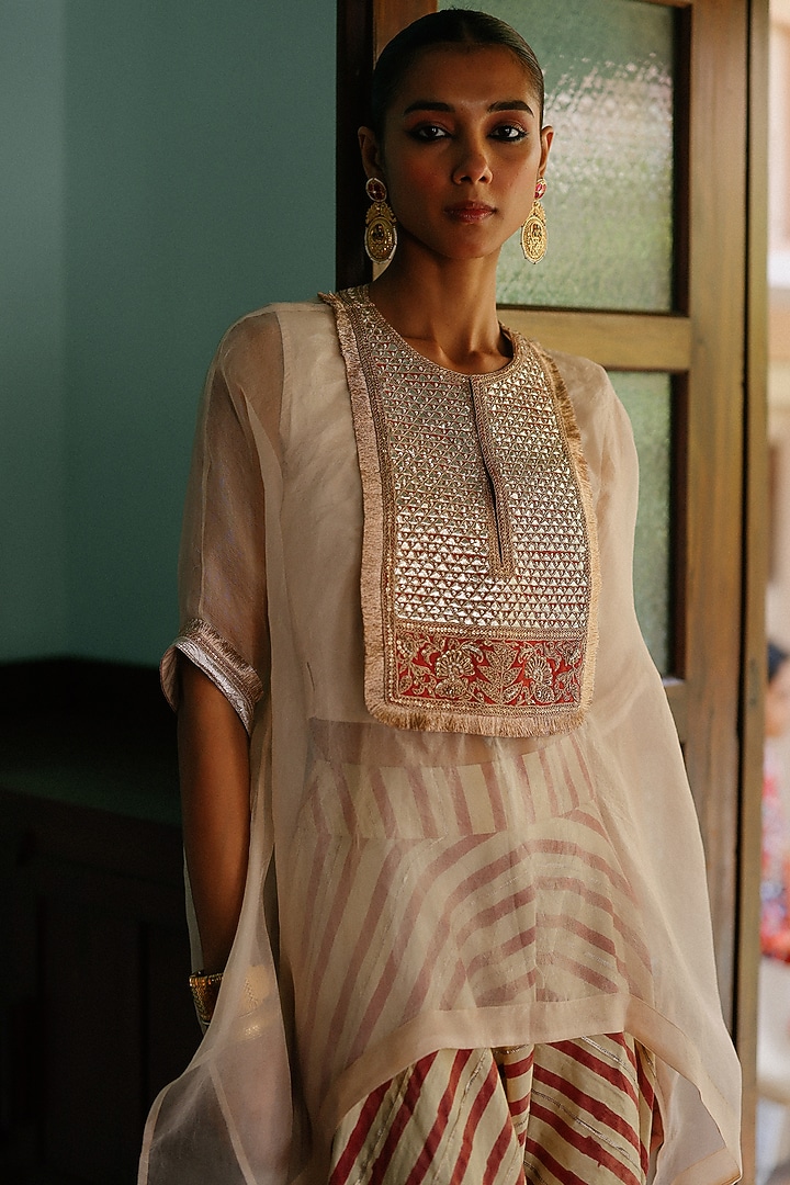 Cream & Red Cotton Satin Silk Gota Hand Embroidered Cape Set by Avacara at Pernia's Pop Up Shop
