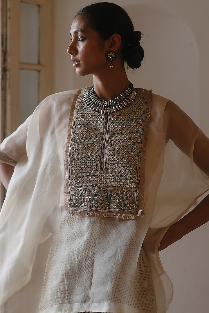 Cream & Green Organza Gota Work Cape Set by Avacara at Pernia's Pop Up Shop