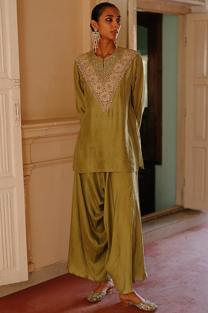 Olive Green Pure Silk Dori Work Co-Ord Set by Avacara at Pernia's Pop Up Shop