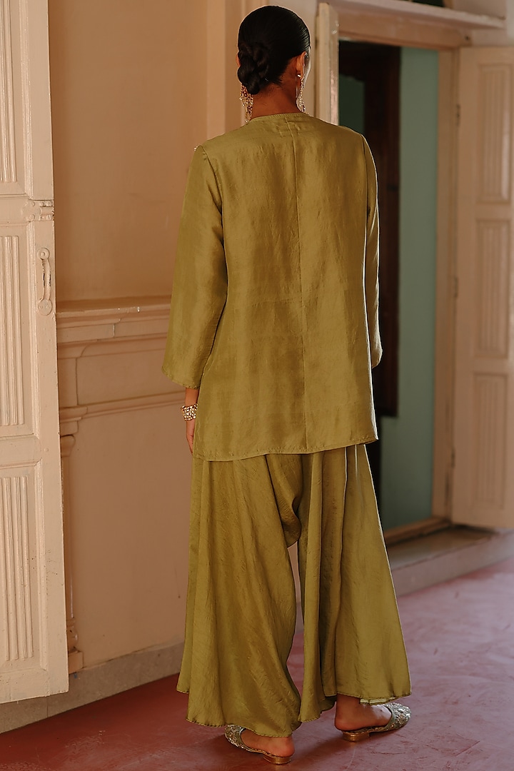 Olive Green Pure Silk Dori Work Co-Ord Set by Avacara at Pernia's Pop Up Shop
