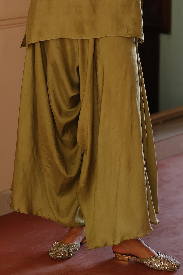 Olive Green Pure Silk Dori Work Co-Ord Set by Avacara at Pernia's Pop Up Shop