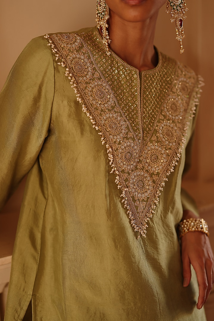 Olive Green Pure Silk Dori Work Co-Ord Set by Avacara at Pernia's Pop Up Shop