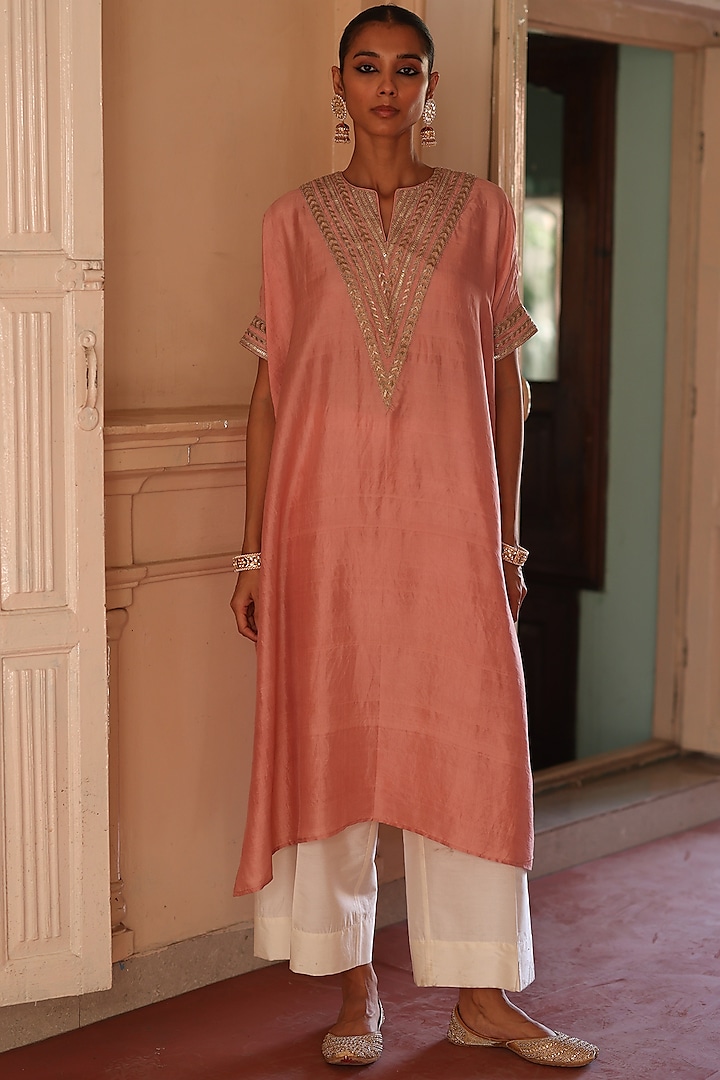 Pink Silk & Cotton Silk Zari Embroidered kaftan Set by Avacara at Pernia's Pop Up Shop