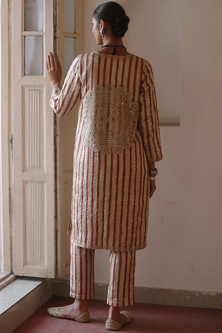 Cream & Red Cotton Satin Silk Printed & Gota Embroidered Kurta Set by Avacara at Pernia's Pop Up Shop