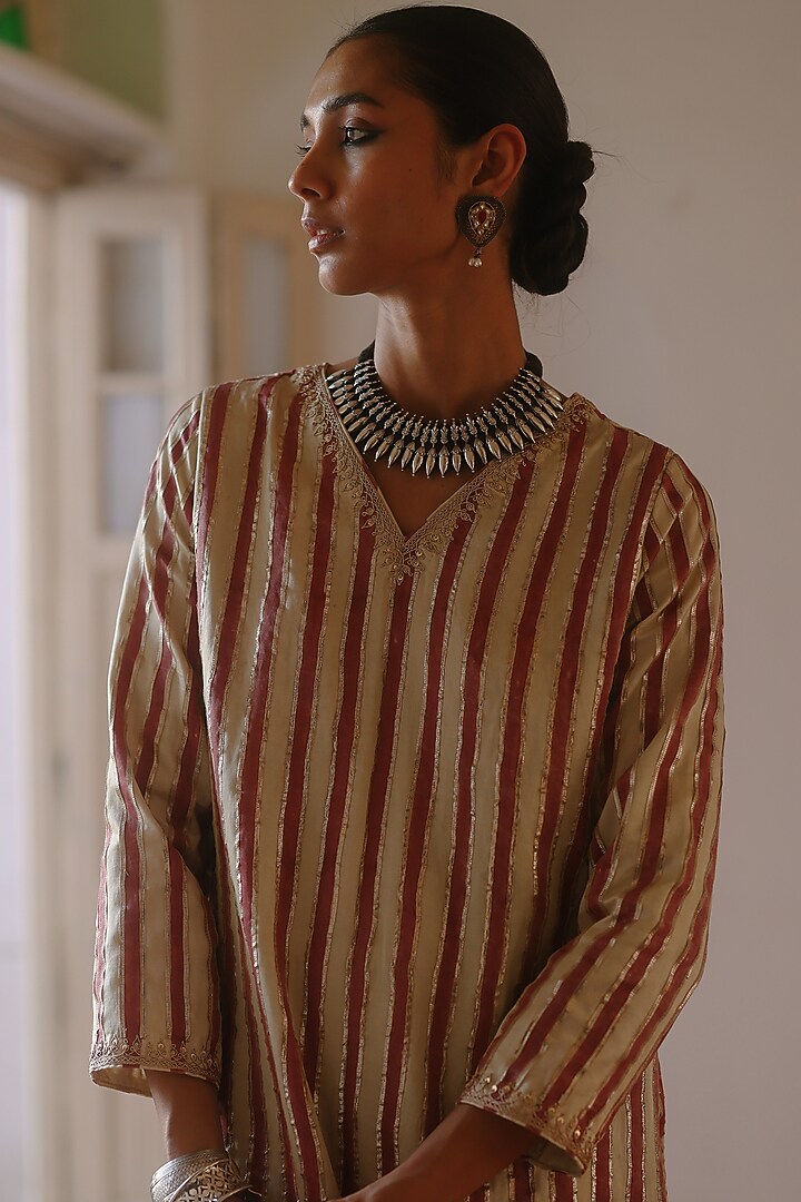 Cream & Red Cotton Satin Silk Printed & Gota Embroidered Kurta Set by Avacara at Pernia's Pop Up Shop