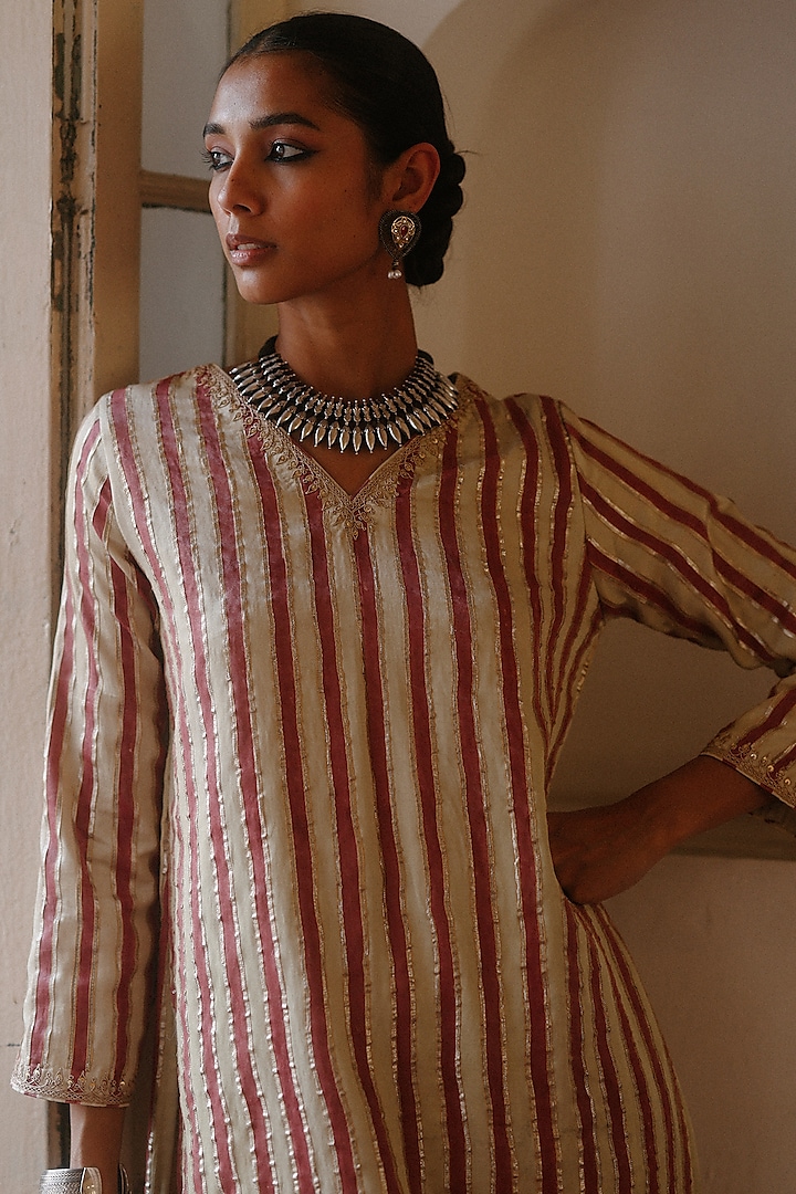 Cream & Red Cotton Satin Silk Printed & Gota Embroidered Kurta Set by Avacara at Pernia's Pop Up Shop