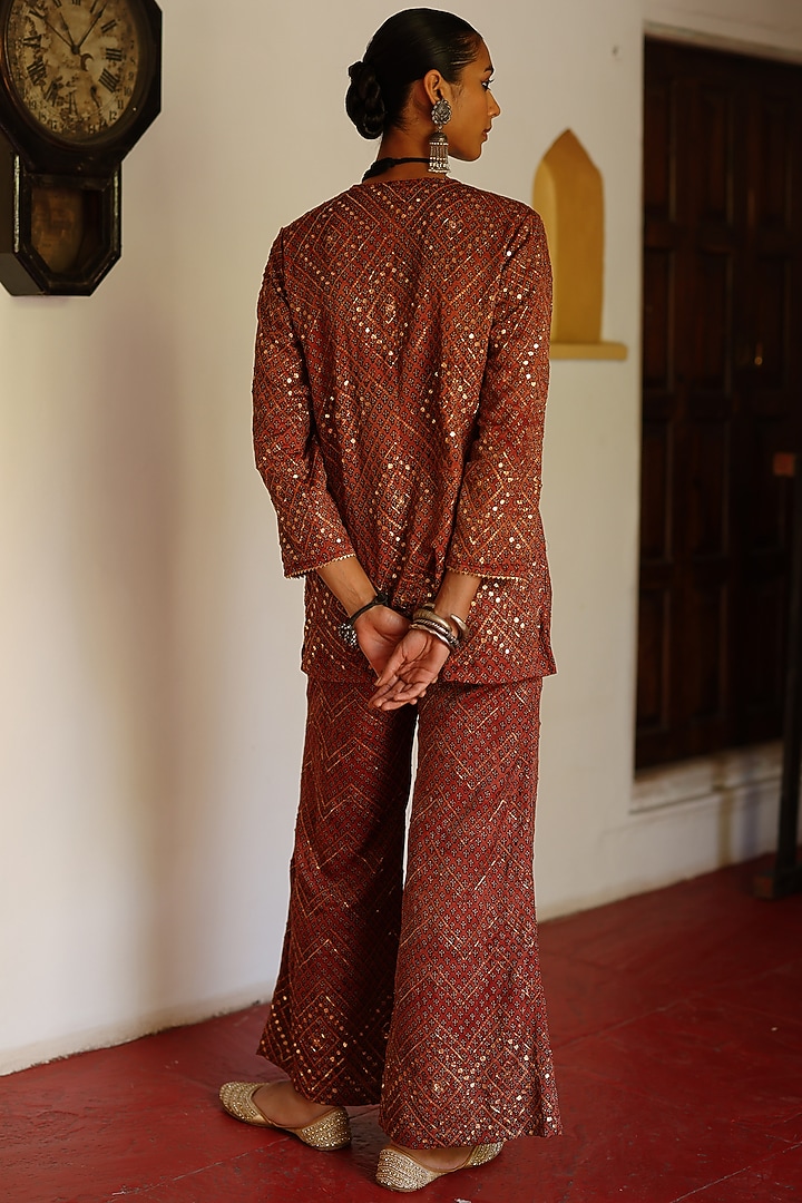 Maroon Cotton Satin Silk Hand Block Printed Co-Ord Set by Avacara at Pernia's Pop Up Shop