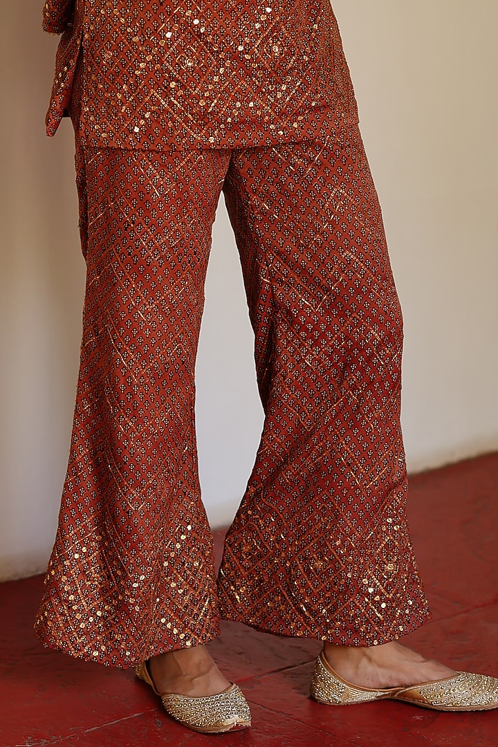 Maroon Cotton Satin Silk Hand Block Printed Co-Ord Set by Avacara at Pernia's Pop Up Shop