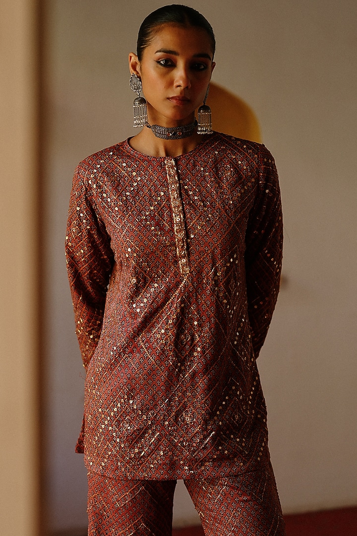 Maroon Cotton Satin Silk Hand Block Printed Co-Ord Set by Avacara at Pernia's Pop Up Shop