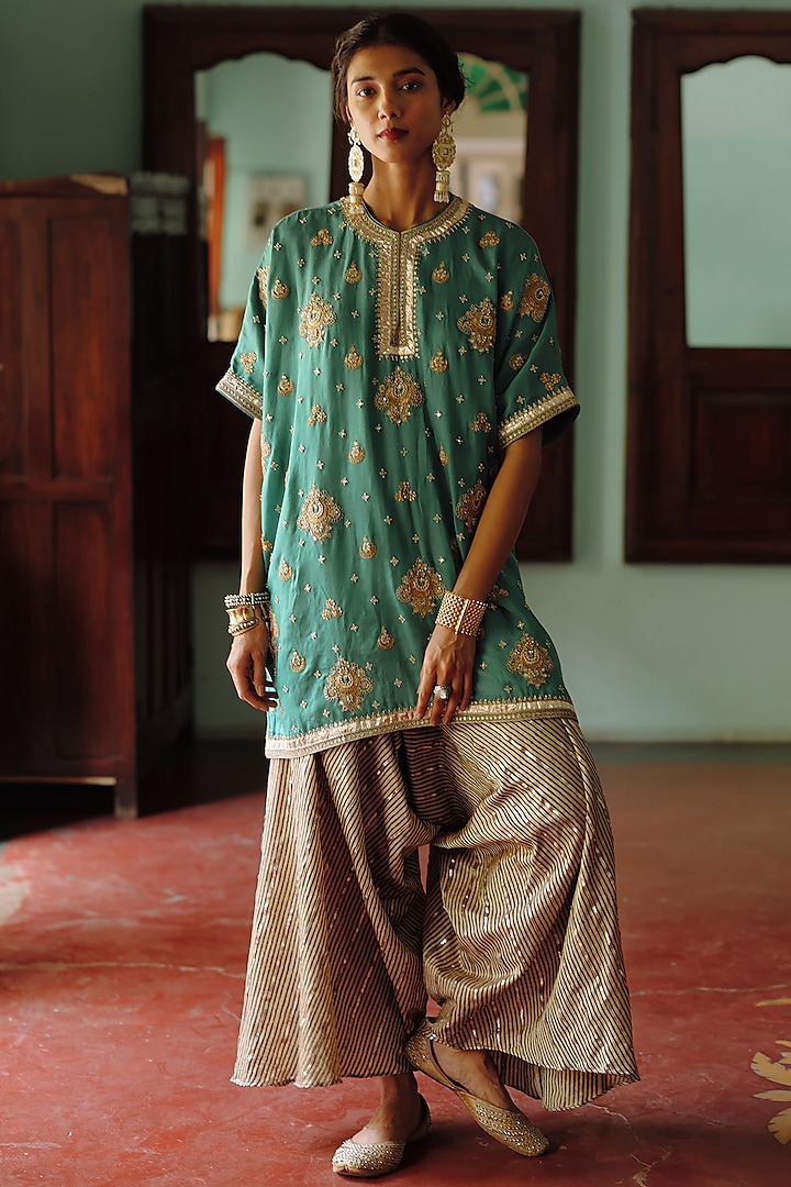 Turquoise Cotton Satin Silk Dori Embroidered Kaftan Set by Avacara at Pernia's Pop Up Shop