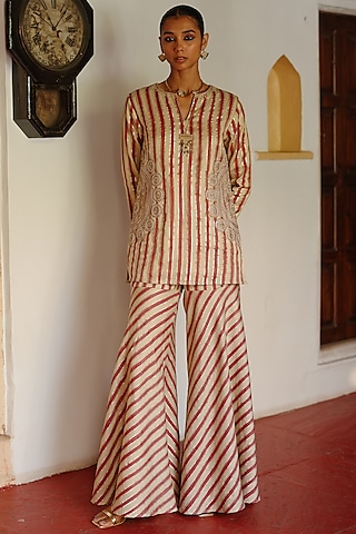 Cream & Red Cotton Satin Silk Printed Sharara Set by Avacara