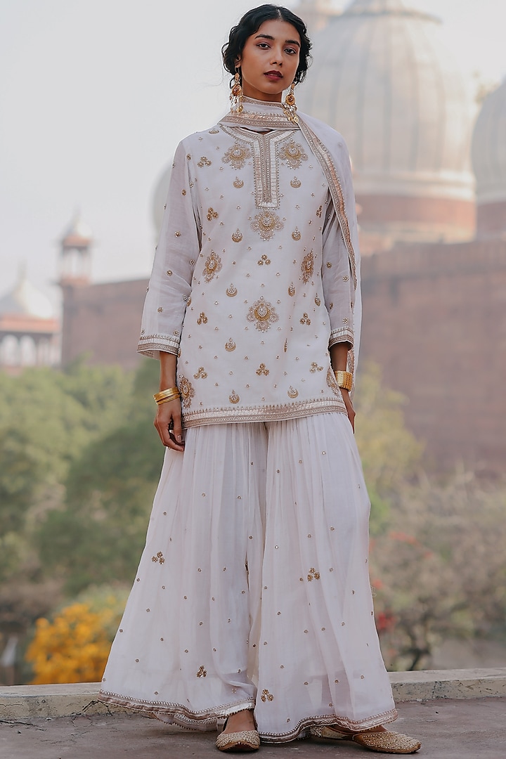 White Chanderi Marodi Hand Embroidered Sharara Set by Avacara at Pernia's Pop Up Shop