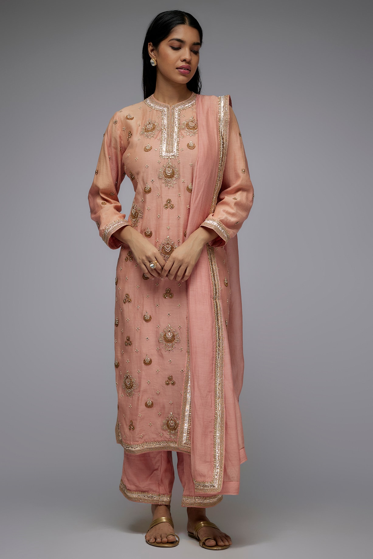 Ivory textured kurta set with a powder pink Chanderi jacket