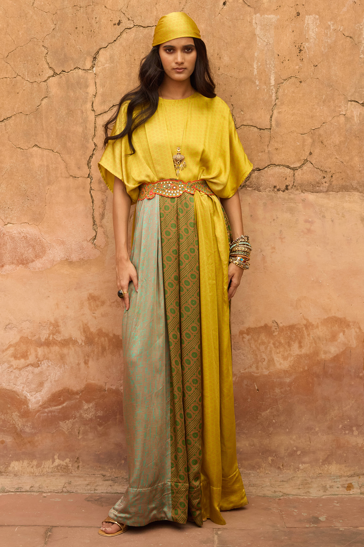 Multi-Colored Satin Silk Hand Block Printed Maxi Vacation Dress by Avacara at Pernia's Pop Up Shop