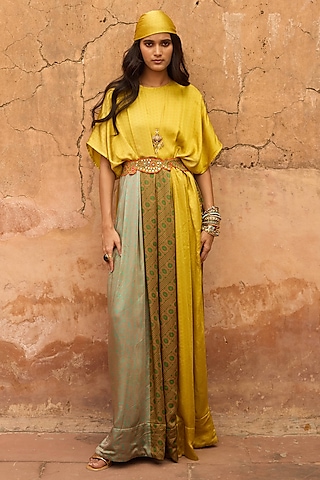Multi-Colored Satin Silk Hand Block Printed Maxi Dress by Avacara