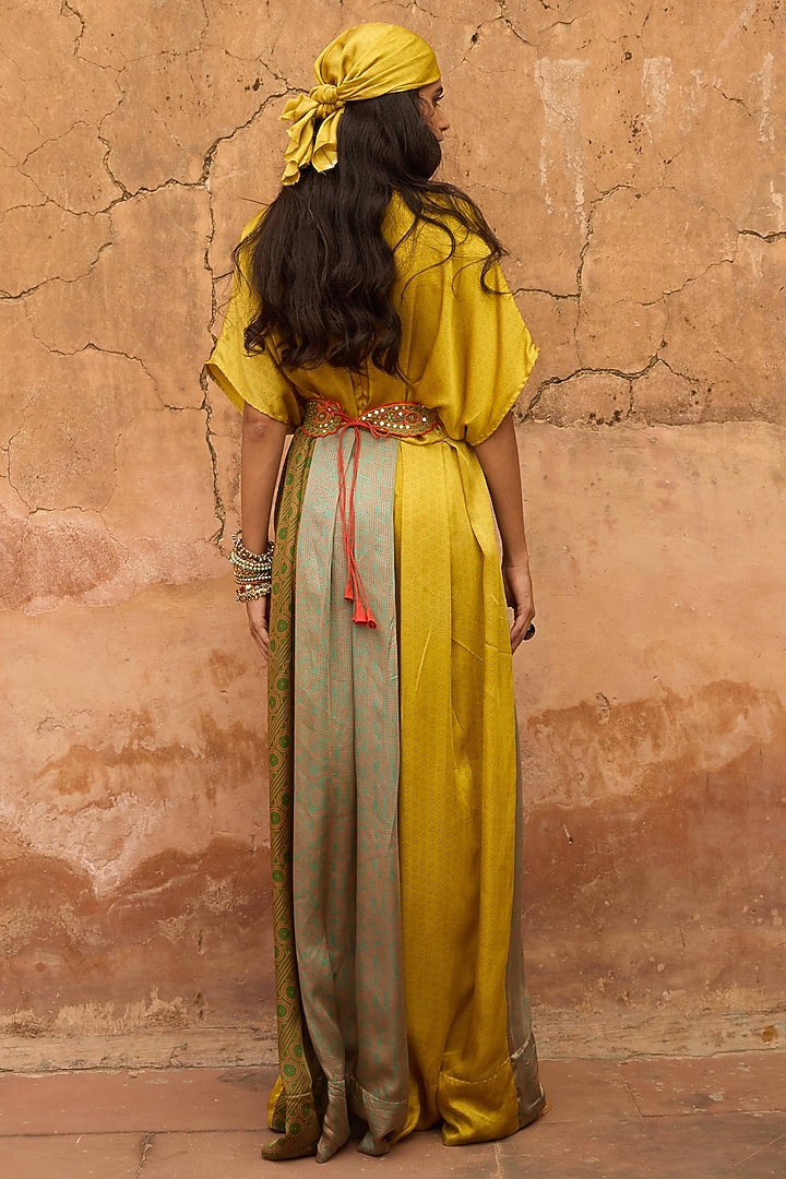 Multi-Colored Satin Silk Hand Block Printed Maxi Vacation Dress by Avacara at Pernia's Pop Up Shop