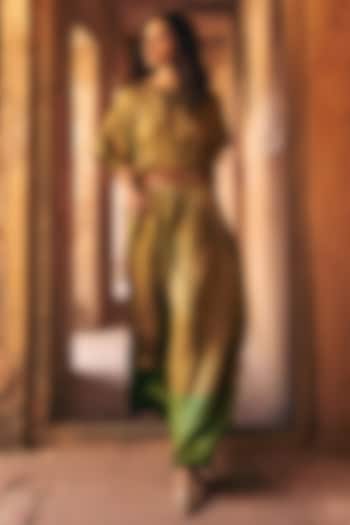 Green Satin Silk Hand Block Printed Maxi Vacation Dress by Avacara at Pernia's Pop Up Shop