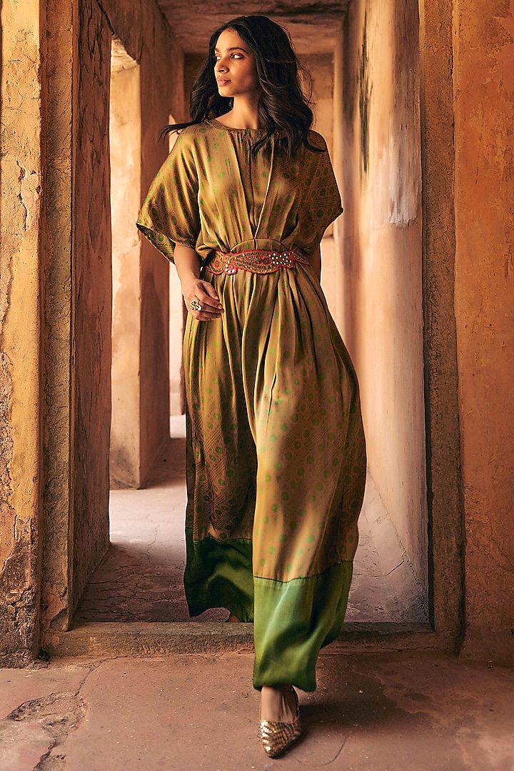 Green Satin Silk Hand Block Printed Maxi Vacation Dress by Avacara at Pernia's Pop Up Shop