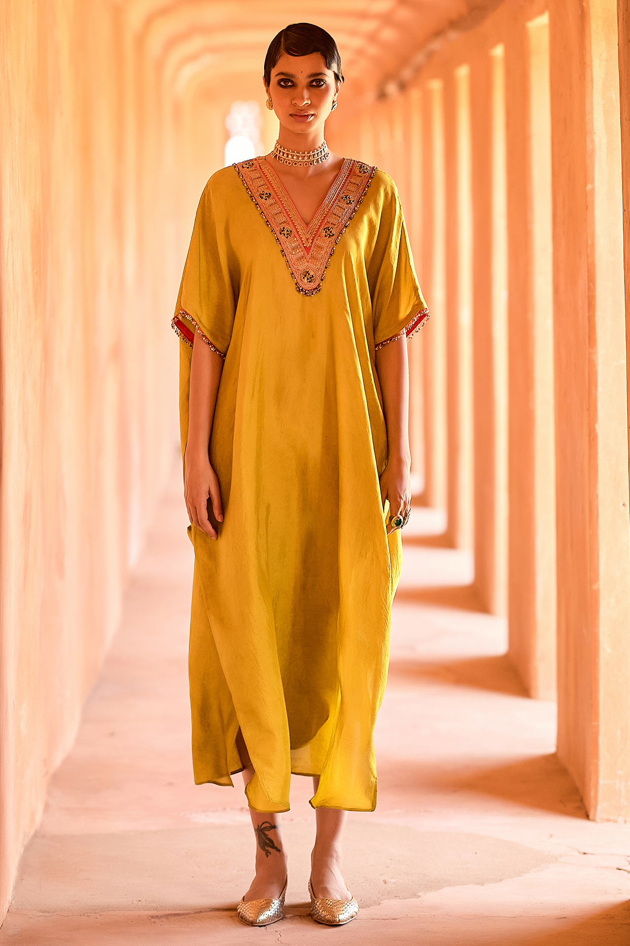 Yellow Mulberry Silk Metal Sequins Kaftan Set by Avacara at Pernia's Pop Up Shop