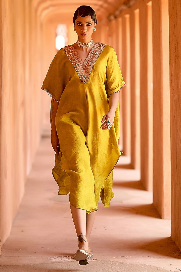 Yellow Mulberry Silk Metal Sequins Kaftan Set by Avacara at Pernia's Pop Up Shop
