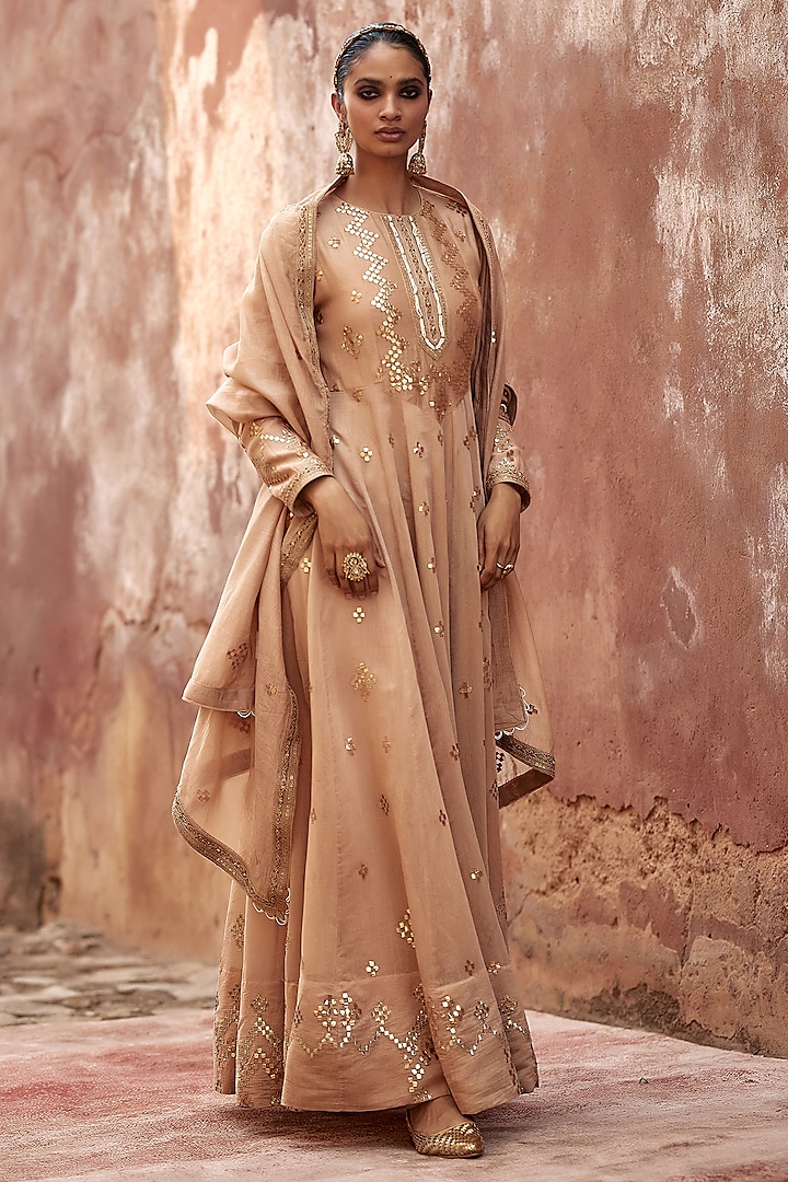 Beige Handloom Chanderi Gota Embroidered Bridal Anarkali Set by Avacara at Pernia's Pop Up Shop
