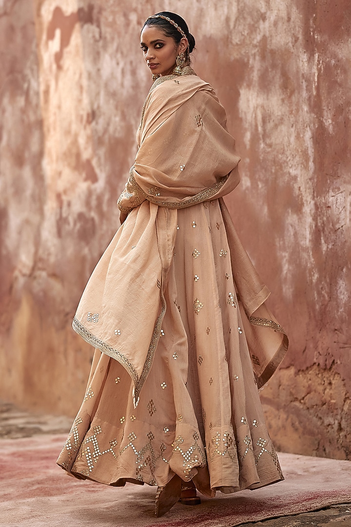 Beige Handloom Chanderi Gota Embroidered Bridal Anarkali Set by Avacara at Pernia's Pop Up Shop