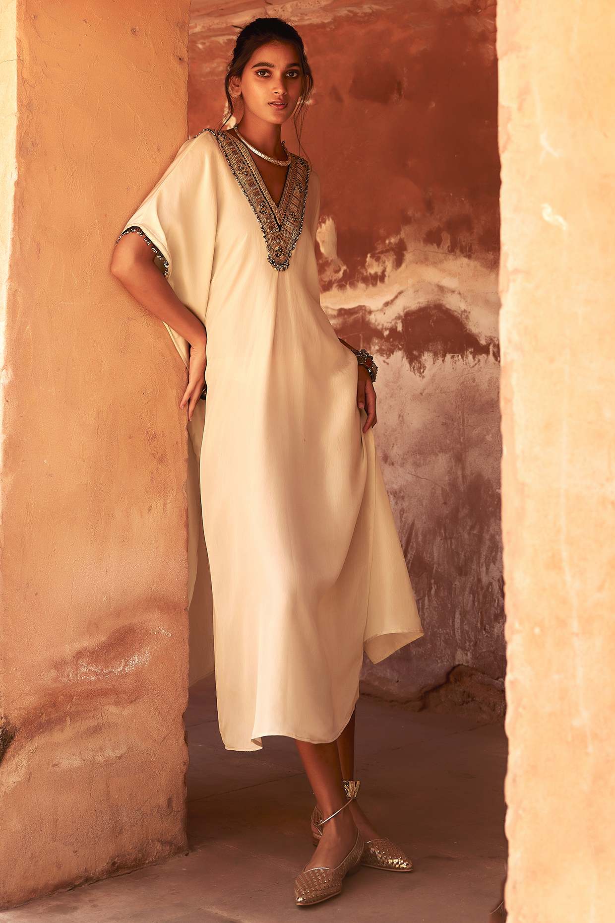 Ivory Mulberry Silk Metal Sequins Kaftan Set by Avacara at Pernia's Pop Up Shop