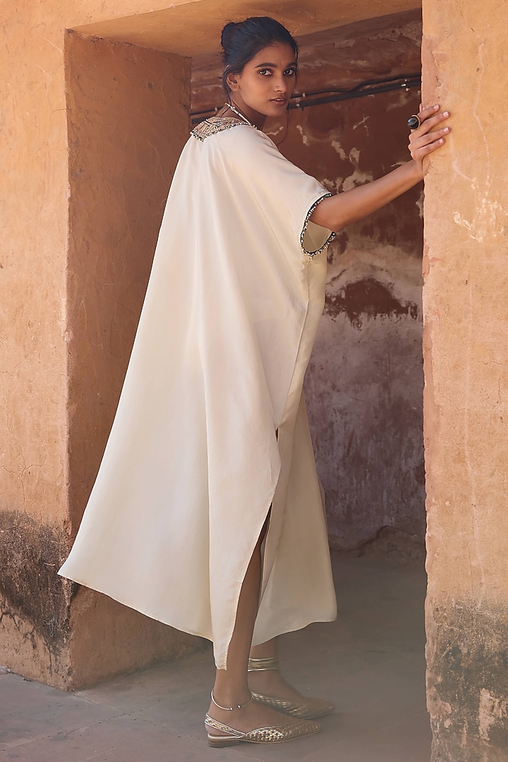 Ivory Mulberry Silk Metal Sequins Kaftan Set by Avacara at Pernia's Pop Up Shop