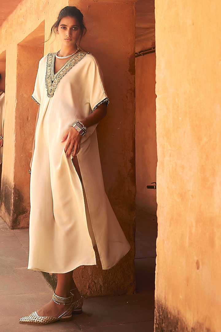 Ivory Mulberry Silk Metal Sequins Kaftan Set by Avacara at Pernia's Pop Up Shop