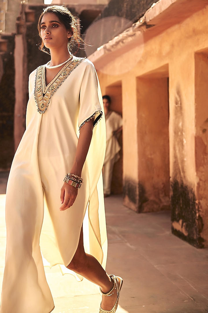 Ivory Mulberry Silk Metal Sequins Kaftan Set by Avacara at Pernia's Pop Up Shop