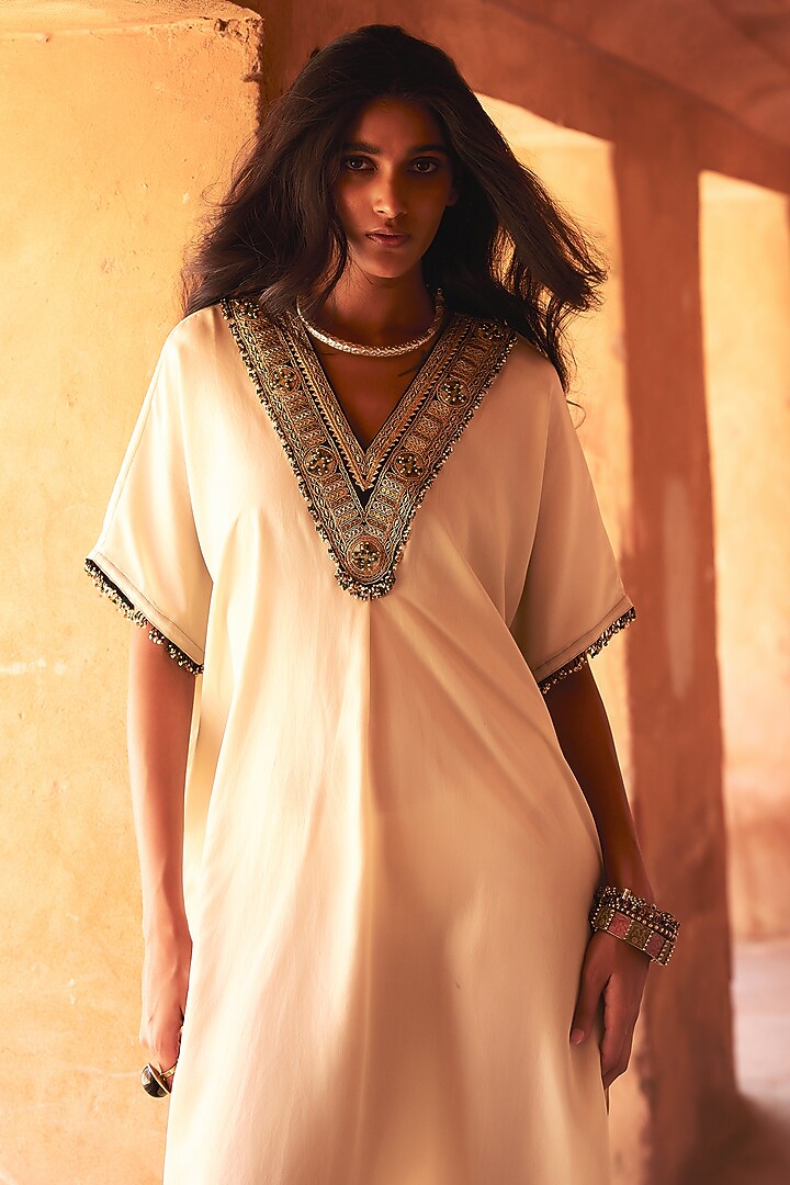 Ivory Mulberry Silk Metal Sequins Kaftan Set by Avacara at Pernia's Pop Up Shop