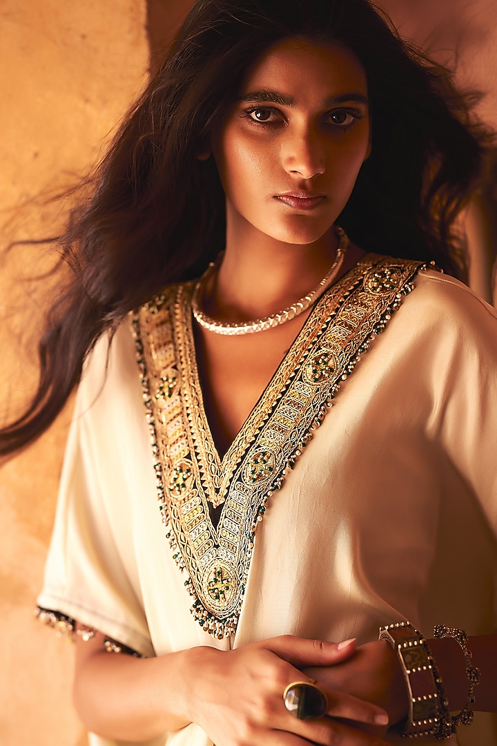 Ivory Mulberry Silk Metal Sequins Kaftan Set by Avacara at Pernia's Pop Up Shop