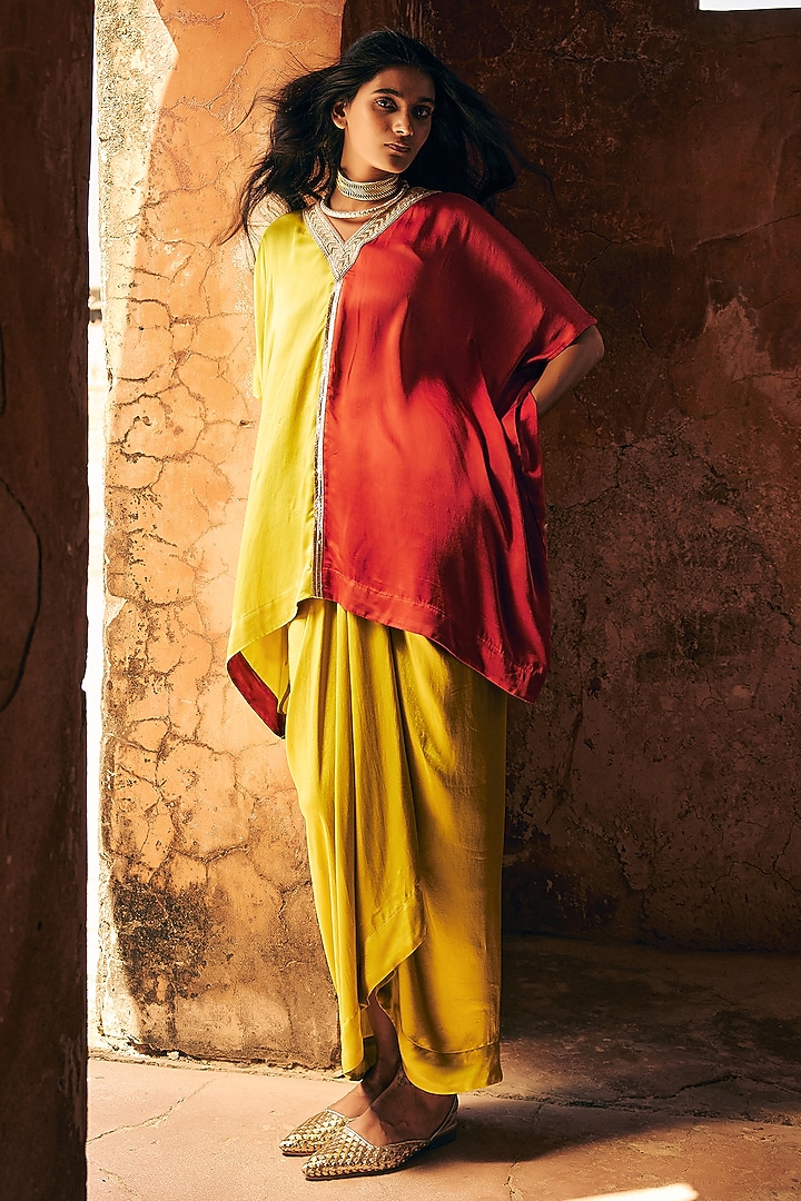 Green & Red Satin Silk Marodi Embroidered Dual-Tone Kaftan Set by Avacara at Pernia's Pop Up Shop