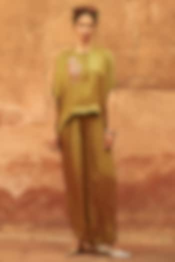 Green Satin Silk Hand Mirror Work Co-Ord Set by Avacara at Pernia's Pop Up Shop