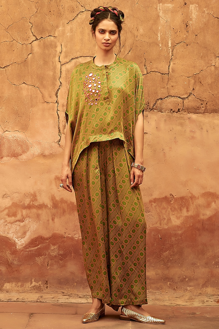 Green Satin Silk Hand Mirror Work Co-Ord Set by Avacara at Pernia's Pop Up Shop